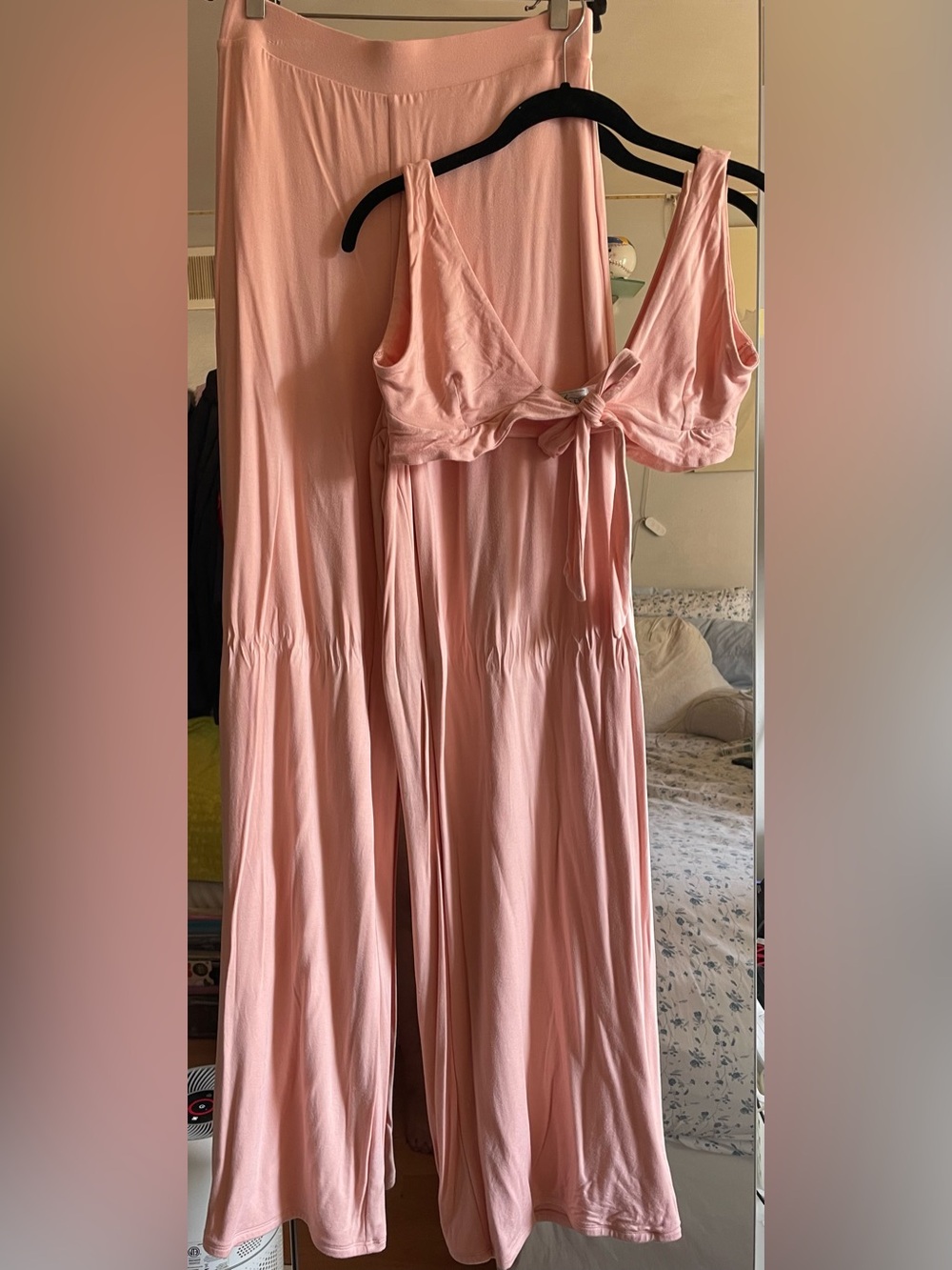 Oh Polly! Blush Pink 2 Piece Set Tie- Front Top & Wide Leg Pants Set US Size 10